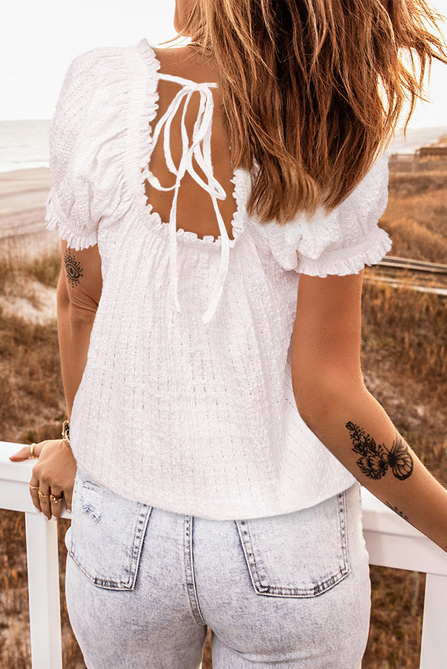 Lace Trim Tie-Back Puff Sleeve Top