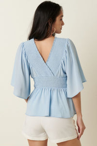 Mittoshop R.S.V.P. Flare Sleeve Peplum Blouse in Blue