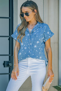 Star Print Button-Up Cuffed Short Sleeve Shirt