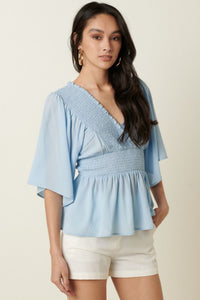 Mittoshop R.S.V.P. Flare Sleeve Peplum Blouse in Blue